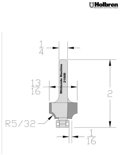 Whiteside 2100D Beading Router Bit w/Ball Bearing 5/32" Radius 13/16Large Diameter 1/2" Cut Length 1/4" Shank 2 Flute