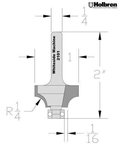 Whiteside 2101 Beading Router Bit w/Ball Bearing 1/4" Radius 1" Large Diameter 1/2" Cut Length 1/4" Shank 2 Flute