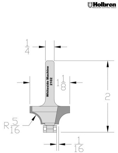 Whiteside 2102 Beading Router Bit w/Bearing 5/16" Radius 1-1/8" Large Diameter 1/2" Cut Length 1/4" Shank 2 Flute