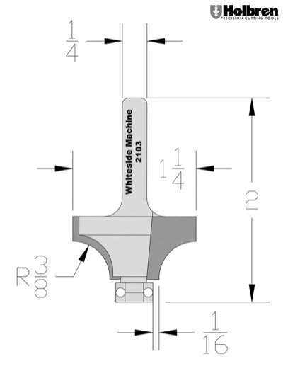 Whiteside 2103 Beading Router Bit w/Ball Bearing 3/8" Radius 1-1/4" Large Diameter 5/8" Cut Length 1/4" Shank 2 Flute
