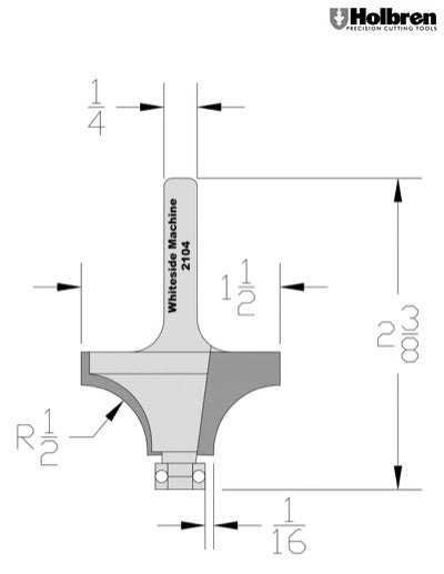 Whiteside 2104 Beading Router Bit w/Ball Bearing 1/2" Radius 1-1/2" Large Diameter 3/4" Cut Length 1/4" Shank 2 Flute