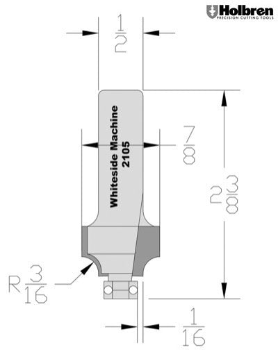 Whiteside 2105 Beading Router Bit w/Ball Bearing 3/16" Radius 7/8" Large Diameter 1/2" Cut Length 1/2" Shank 2 Flute