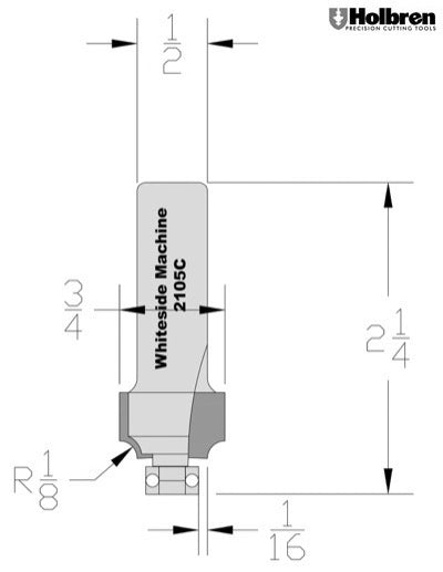 Whiteside 2105C Beading Router Bit w/Ball Bearing 1/8" Radius 3/4" Large Diameter 1/2" Cut Length 1/2" Shank 2 Flute