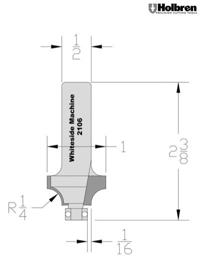 Whiteside 2106 Beading Router Bit w/Ball Bearing 1/4" Radius 1" Large Diameter 1/2" Cut Length 1/2" Shank 2 Flute