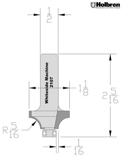 Whiteside 2107 Beading Router Bit w/Ball Bearing 5/16" Radius 1-1/8" Large Diameter 1/2" Cut Length 1/2" Shank 2 Flute