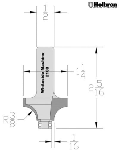 Whiteside 2108 Beading Router Bit w/Ball Bearing 3/8" Radius 1-1/4" Large Diameter 5/8" Cut Length 1/2" Shank 2 Flute