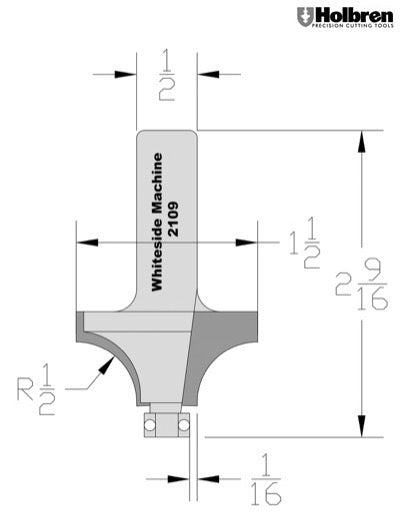 Whiteside 2109 Beading Router Bit w/Ball Bearing 1/2" Radius 1-1/2" Large Diameter 3/4" Cut Length 1/2" Shank 2 Flute