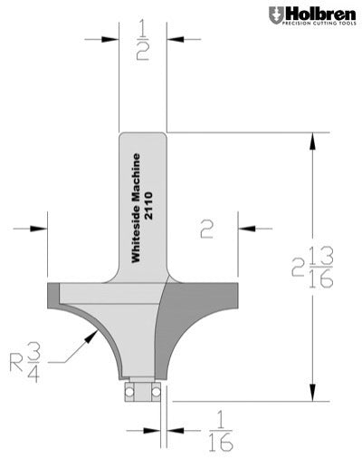 Whiteside 2110 Beading Router Bit w/Ball Bearing 3/4" Radius 2" Large Diameter 1" Cut Length 1/2" Shank 2 Flute