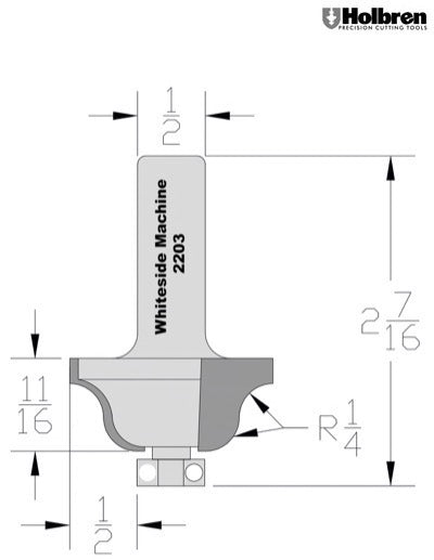 Whiteside 2203 Roman Ogee Router Bit 1/4" Radius 1-1/2" Large Diameter 11/16" Cut Length 1/2" Shank 2 Flute