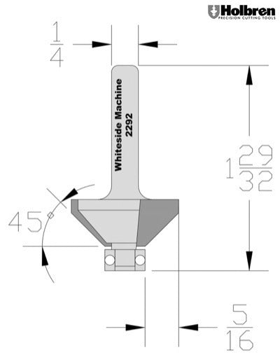 Whiteside 2292 Chamfer Router Bit 45 Degree 7/16" Cut Length 5/16" Cut Height 1" Large Diameter 1/4" Shank 2 Flute