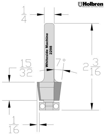 Whiteside 2298 Edge Bevel Router Bit 7 Degree 3/8" Cut Length 3/8" Cut Height 1/4" Shank 2 Flute