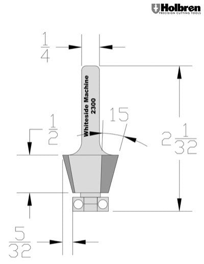 Whiteside 2300 Edge Bevel Router Bit 15 Degree 1/2" Cut Length 1/2" Cut Height 1/4" Shank 2 Flute