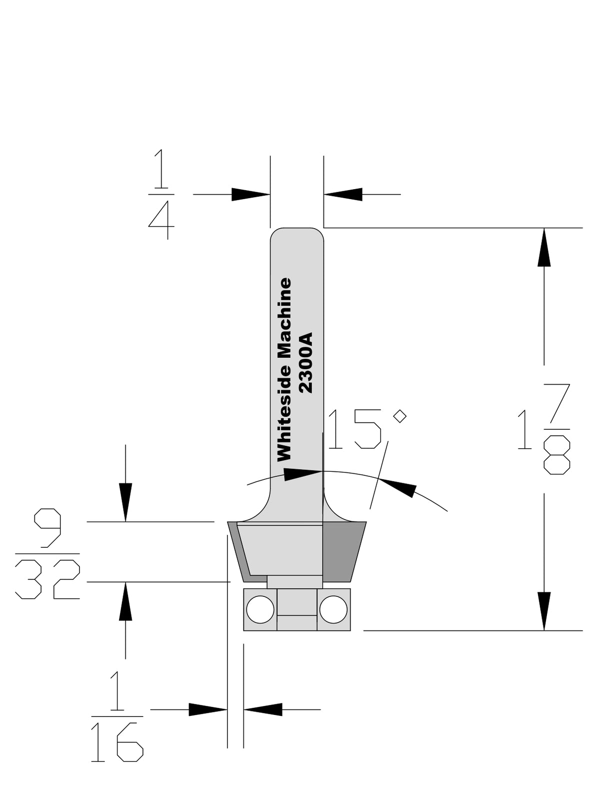 Whiteside 2300A Edge Bevel Router Bit 15 Degree 1/4" Cut Length 1/4" Cut Height 1/4" Shank 2 Flute