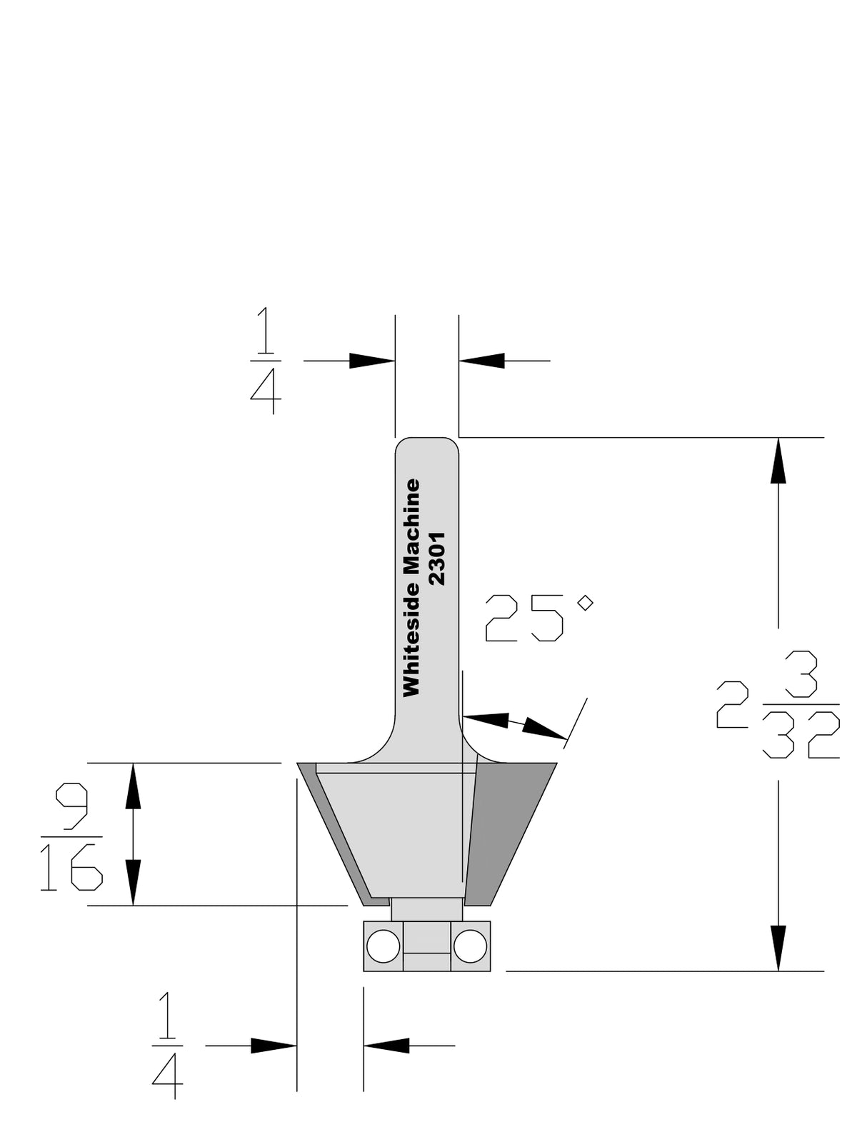Whiteside 2301 Edge Bevel Router Bit 25 Degree 9/16" Cut Length 1/2" Cut Height 1/4" Shank 2 Flute