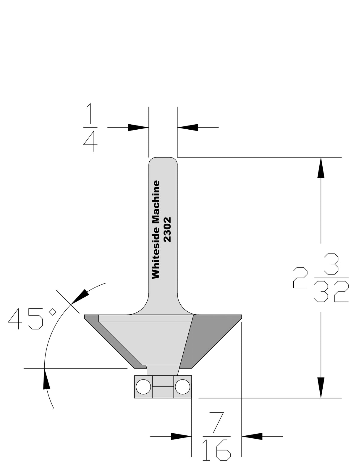 Whiteside 2302 Chamfer Router Bit 45 Degree 5/8" Cut Length 7/16" Cut Height 1/4" Shank 2 Flute