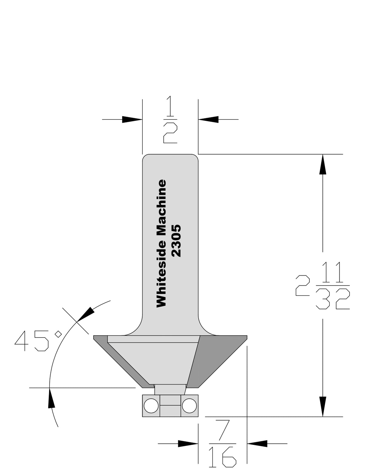 Whiteside 2305 Chamfer Router Bit 45 Degree 5/8" Cut Length 7/16" Cut Height 1/2" Shank 2 Flute