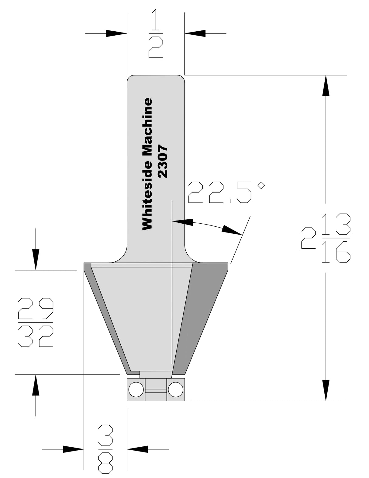 Whiteside 2307 Edge Bevel Router Bit 22-1/2 Degree 15/16" Cut Length 7/8" Cut Height 1/2" Shank 2 Flute