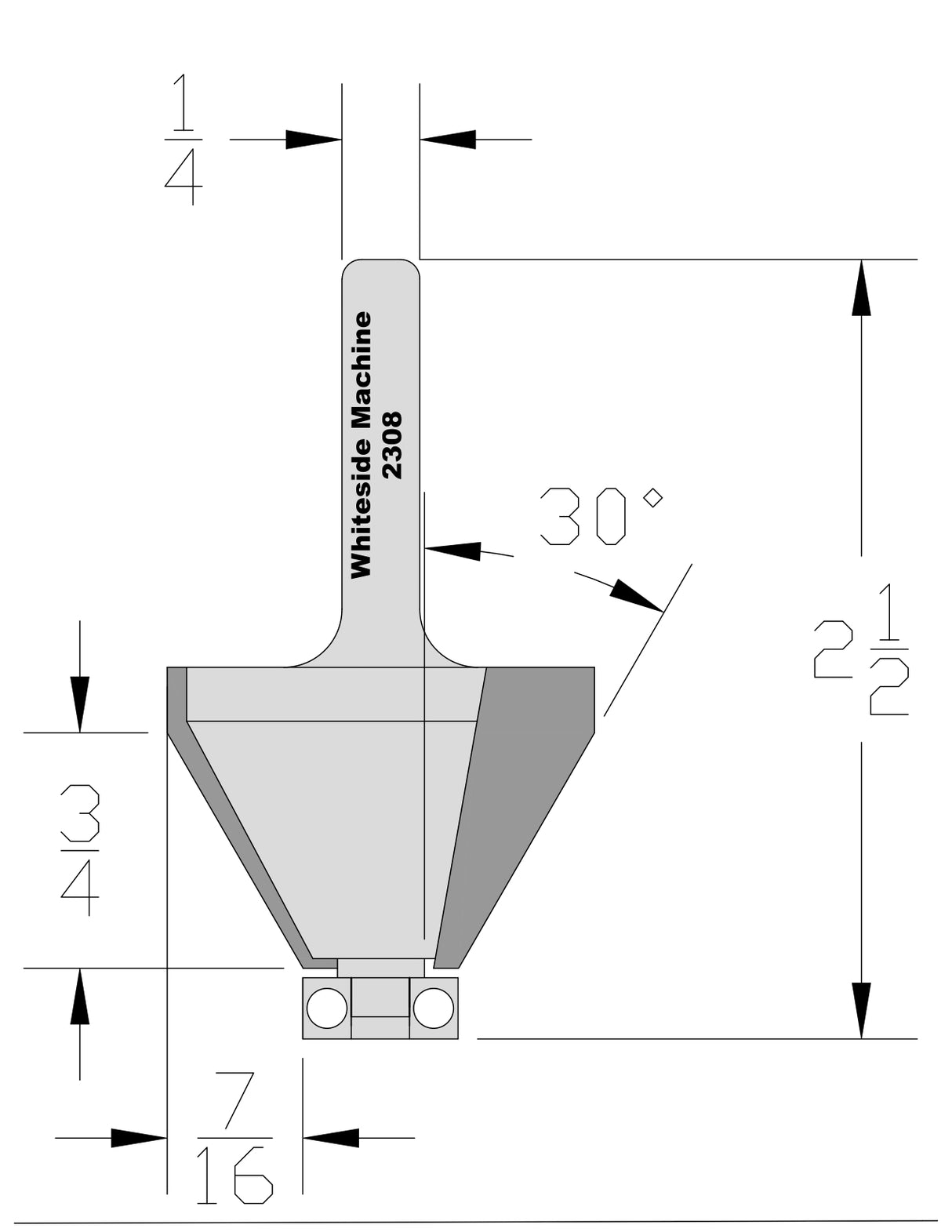 Whiteside 2308 Edge Bevel Router Bit 30 Degree 7/8" Cut Length 3/4" Cut Height 1/4" Shank 2 Flute
