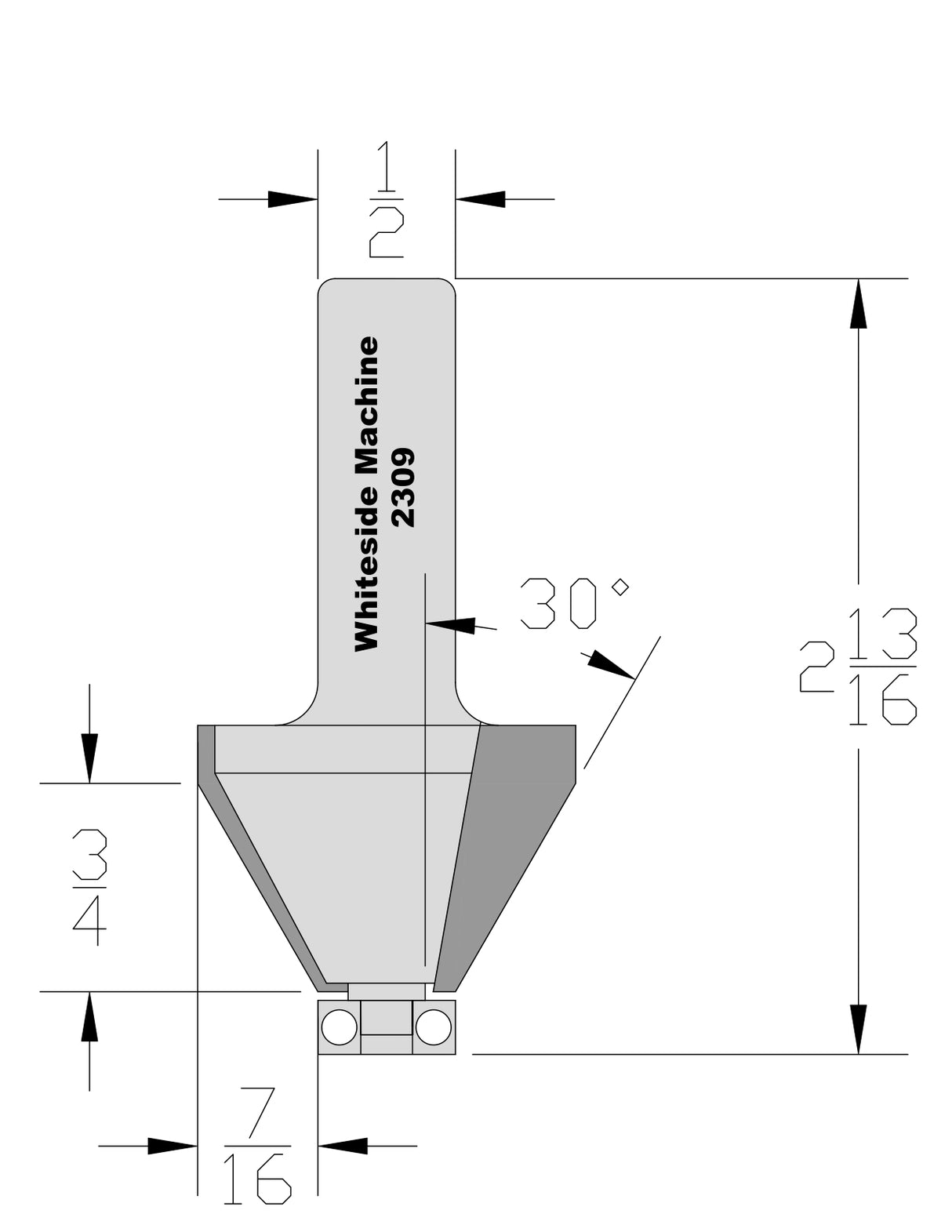 Whiteside 2309 Edge Bevel 30 Degree 7/8" Cut Length 3/4" Cut Height 1/2" Shank 2 Flute