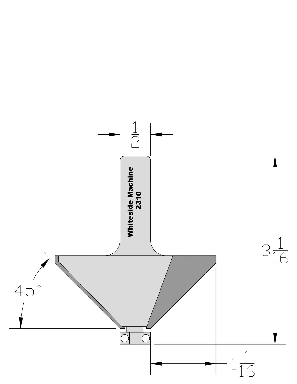 Whiteside 2310 Chamfer Router Bit 45 Degree 1-1/2" Cut Length 1-1/16" Cut Height 1/2" Shank 2 Flute