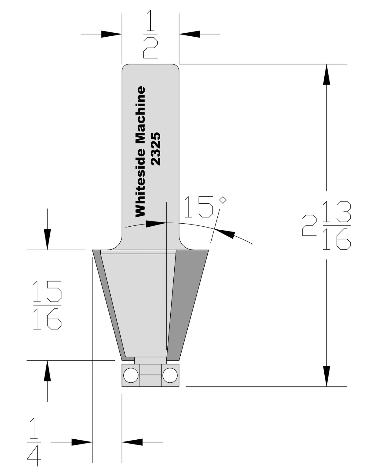 Whiteside 2325 Edge Bevel 15 Degree 1" Cut Length 15/16" Cut Height 1/2" Shank 2 Flute
