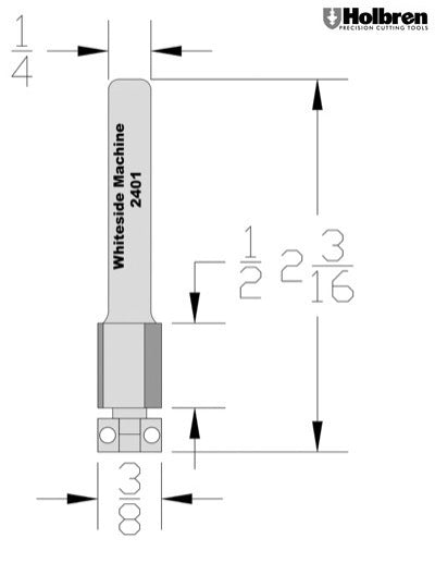 Whiteside 2401 Flush Trim Router Bit 3/8" Cutting Diameter 1/2" Cut Length 1/4" Shank 2 Flute