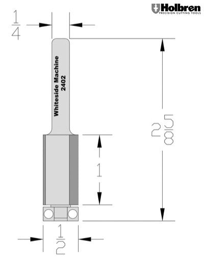Whiteside 2402 Flush Trim Router Bit 1/2" Cutting Diameter 1" Cut Length 1/4" Shank 2 Flute