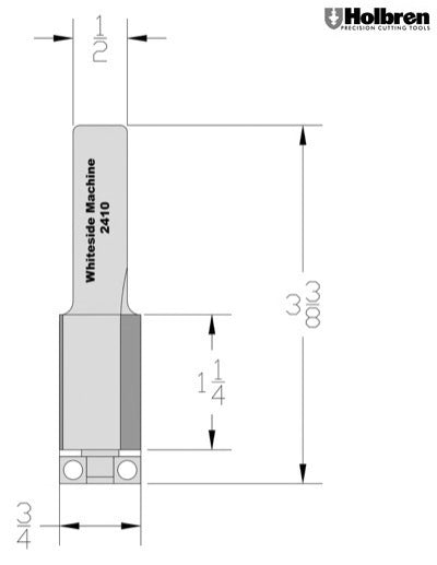 Whiteside 2410 Flush Trim Router Bit 3/4" Cutting Diameter 1-1/4" Cut Length 1/2" Shank 2 Flute