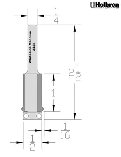 Whiteside 2425 Flush Trim Router Bit 1/2" Cutting Diameter 1" Cut Length 1/4" Shank 3 Flute