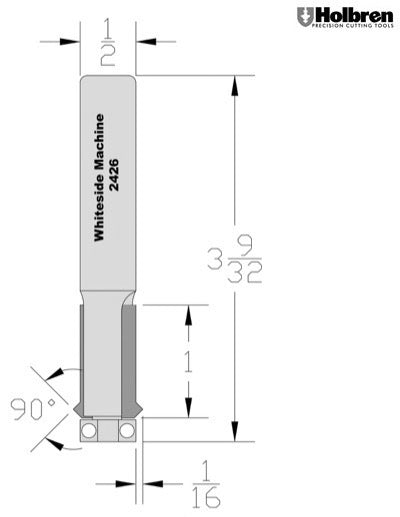 Whiteside 2426 Flush Trim V-Groove Router Bit Router Bit 1/2" Cutting Diameter 1" Cut Length 1/2" Shank 2 Flute