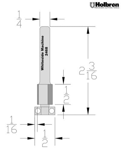 Whiteside 2468 Overhang Trim Router Bit 1/16" Overhang 3/8" Cutting Diameter 1/4" Shank 2 Flute