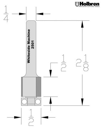 Whiteside 2501 Flush Trim Router Bit 1/2" Cutting Diameter 1/2" Cut Length 1/4" Shank 3 Flute