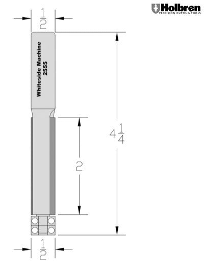 Whiteside 2555 Flush Trim Router Bit w/Double Bearing 1/2" Cutting Diameter 2" Cut Length 1/2" Shank 3 Flute