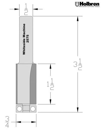 Whiteside 2575 Downshear Flush Trim Router Bit 3/4" Cutting Diameter 1-1/2" Cut Length 1/2" Shank 2 Flute