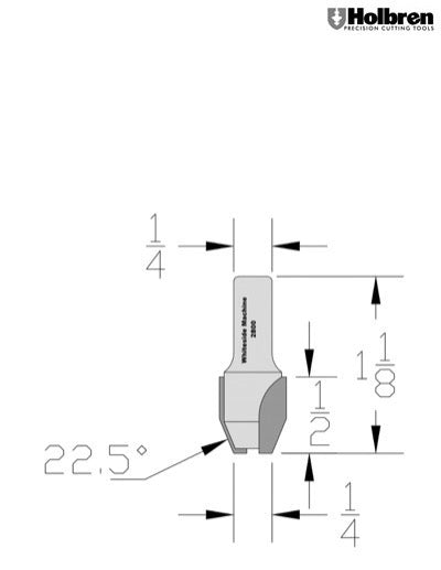 Whiteside 2800 Combination Flute or Bevel Laminate Trim Router Bit 7/16" Cutting Diameter 22-1/2" Degree 1/2" Cut Length 1/4" Shank 2 Flute