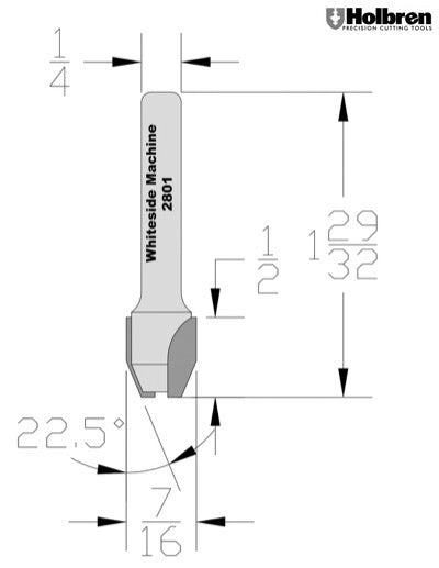 Whiteside 2801 Combination Flute or Bevel Laminate Trim Router Bit 7/16" Cutting Diameter 22-1/2" Degree 1/2" Cut Length 1/4" Shank 2 Flute