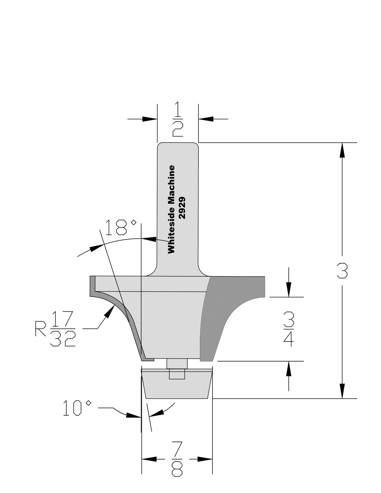 Whiteside 2929 Round Over Undermount Router Bit 18 Degree w/BB300 Bearing 1/2" Shank 2 Flute