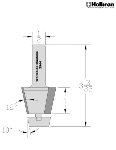 Whiteside 2944 Bevel Undermount Bowl Router Bit 12 Degree 1/2" Shank 2 Flute