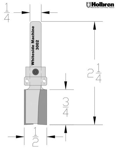 Whiteside 3002 Template Pattern Router Bit 1/2" Cutting Diameter 3/4" Cut Length 1/4" Shank 2 Flute