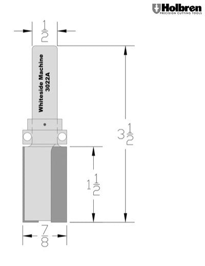 Whiteside 3022A Template Pattern Router Bit Guide 7/8" Cutting Diameter 1-1/2" Cut Length 1/2" Shank 2 Flute