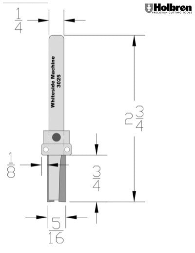 Whiteside 3025 Template Pattern Router Bit w/Oversize Bearing 5/16" Cutting Diameter 3/4" Cut Length 1/4" Shank 2 Flute