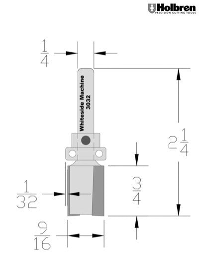 Whiteside 3032 Template Pattern Router Bit w/Oversize Bearing 9/16" Cutting Diameter 3/4" Cut Length 1/4" Shank 2 Flute