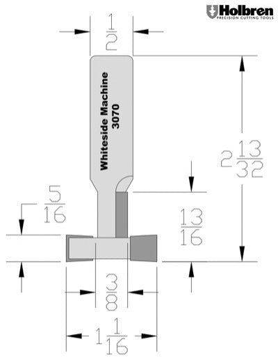 Whiteside 3070 T-Slot Cutter Router Bit 1-1/1"6" Large Diameter 5/16" Slot Cut Length 1/2" Straight Cut Length 1/2" Shank 2 Flute