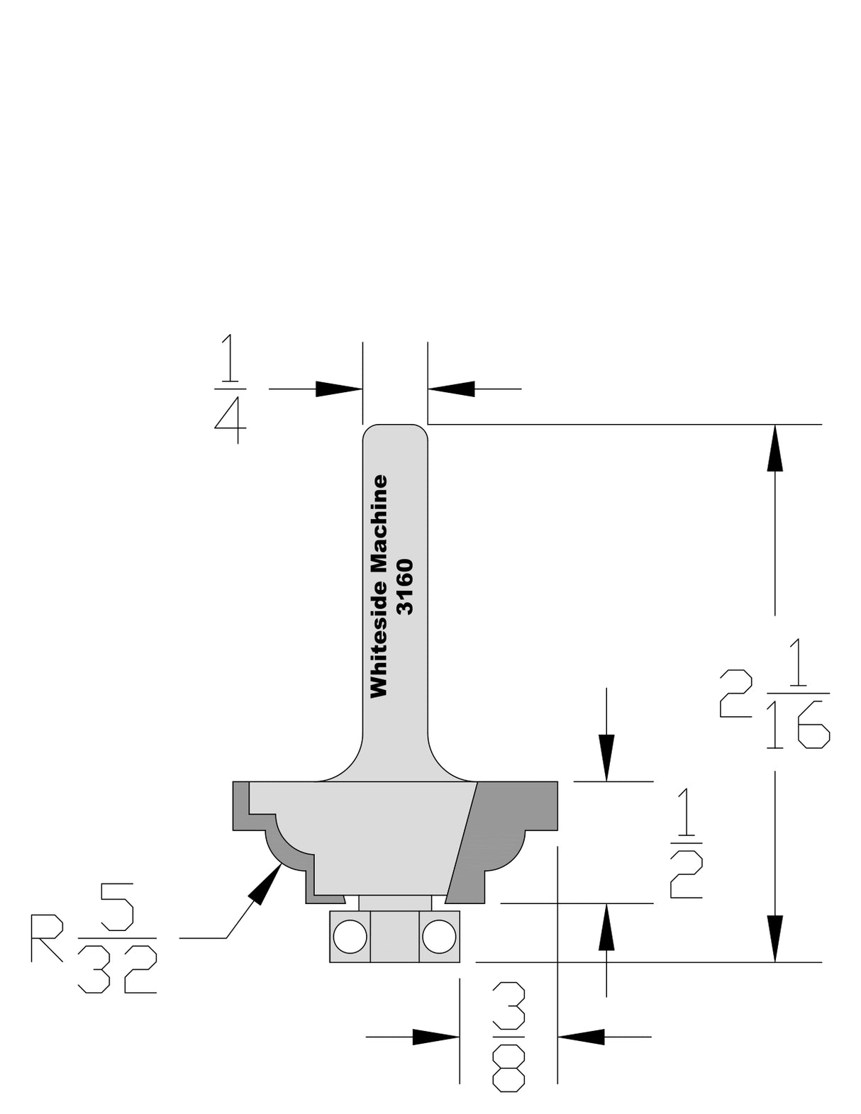 Whiteside 3160 Classical Cove Router Bit 5/32" Radius 1-1/4" Large Diameter 1/2" Cut Length 1/4" Shank 2 Flute