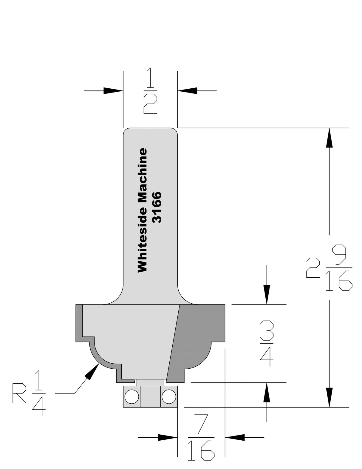 Whiteside 3166 Classical Cove Router Bit 1/4" Radius 1-3/8" Large Diameter 3/4" Cut Length 1/2" Shank 2 Flute