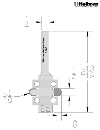 Whiteside 3180 Radius Flute Cutter 1/8" Radius 1-1/8" Large Diameter 1/4" Cut Length 1/4" Shank 2 Flute