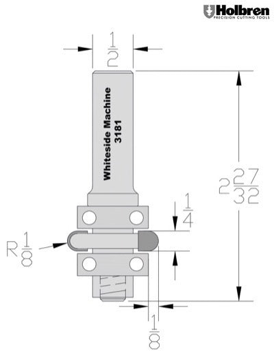 Whiteside 3181 Radius Flute Cutter 1/8" Radius 1-1/8" Large Diameter 1/4" Cut Length 1/2" Shank 2 Flute