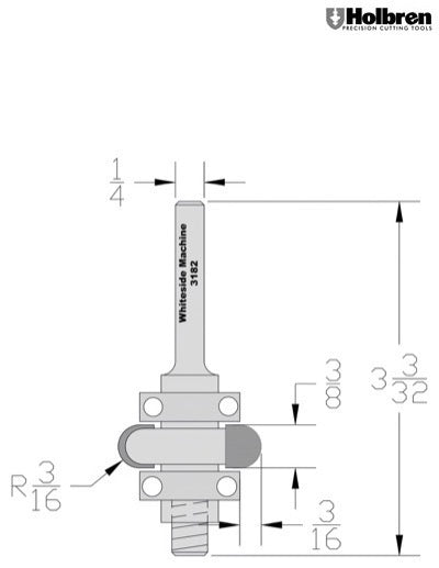 Whiteside 3182 Radius Flute Cutter 3/16" Radius 1-1/4" Large Diameter 3/8" Cut Length 1/4" Shank 2 Flute