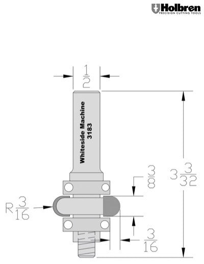 Whiteside 3183 Radius Flute Cutter 3/16" Radius 1-1/4" Large Diameter 3/8" Cut Length 1/2" Shank 2 Flute