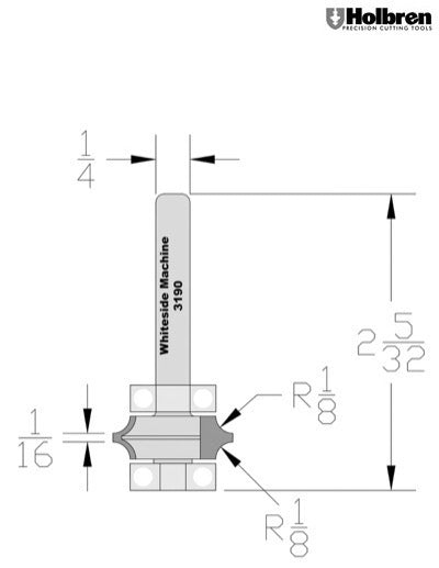 Whiteside 3190 Full Bead Router Bit 1/8" Radius 7/8" Large Diameter 5/16" Cut Length 1/4" Shank 2 Flute